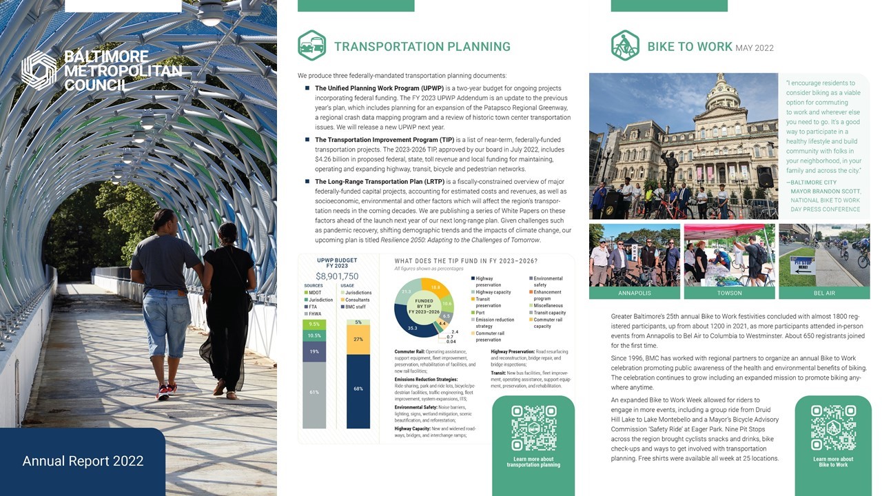 Annual Report Cover, Transportation Planning and Bike to Work panels