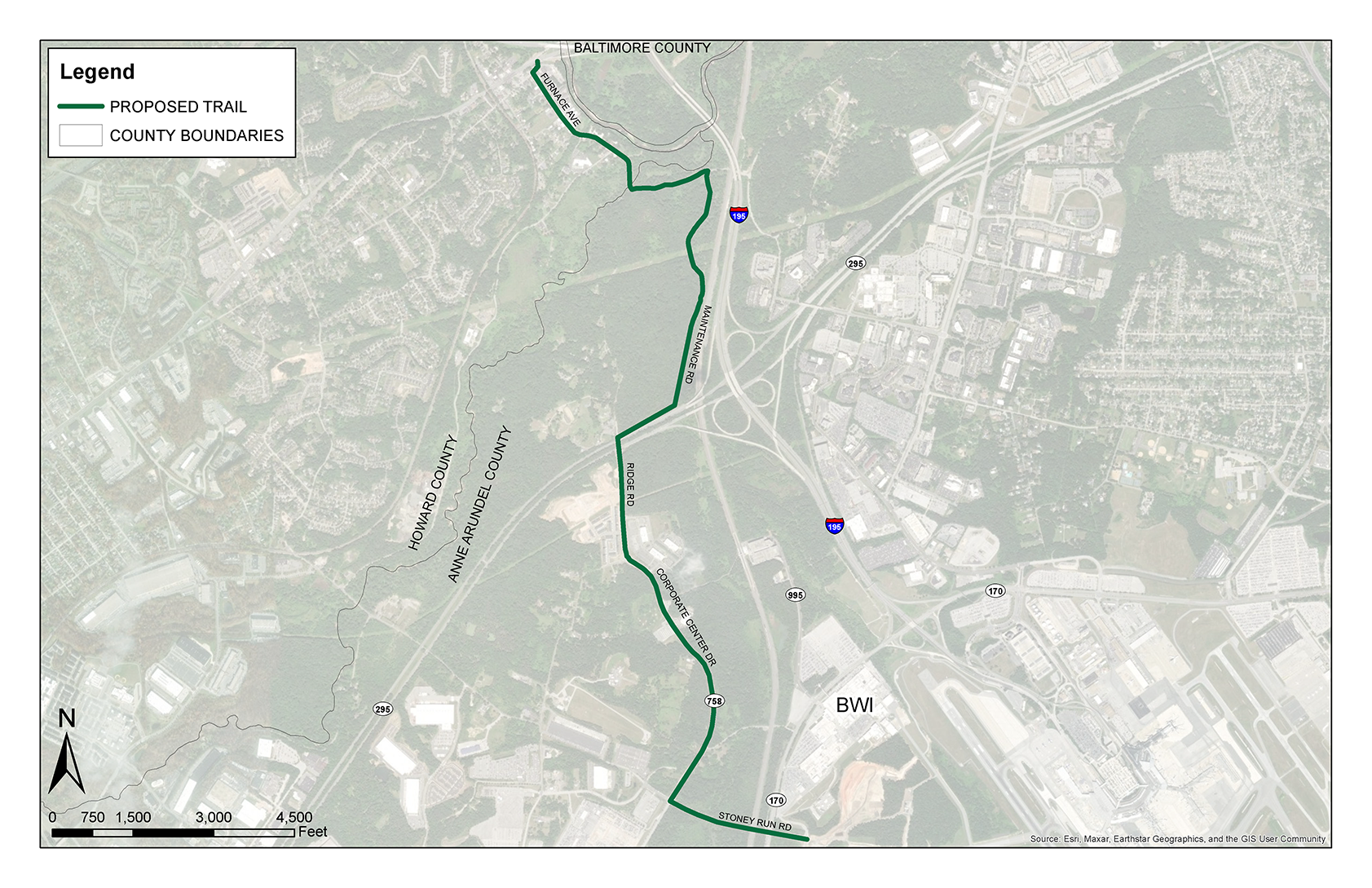 Map showing proposed trail study area.