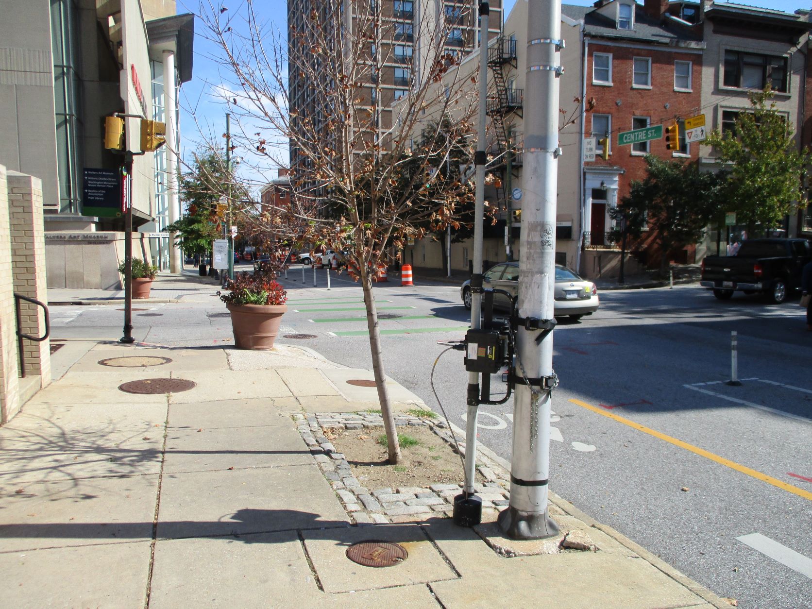 Photo of count equipment mounted on a pole on Cathedral Street in Baltimore City